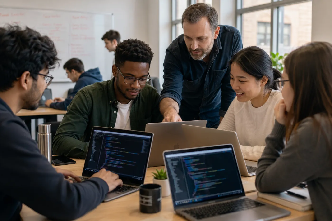 An instructor guiding a student through code on a laptop